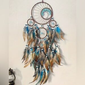Large Boho Dreamcatcher Wall Hanging - Turquoise & Feather Decor